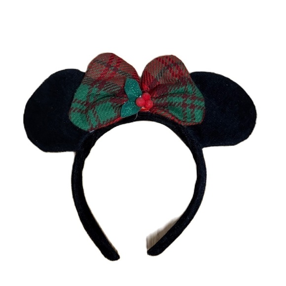 Disney Minnie Mouse Plaid Bow Mouse Ears Headband Holly Leaf Christmas Red Green